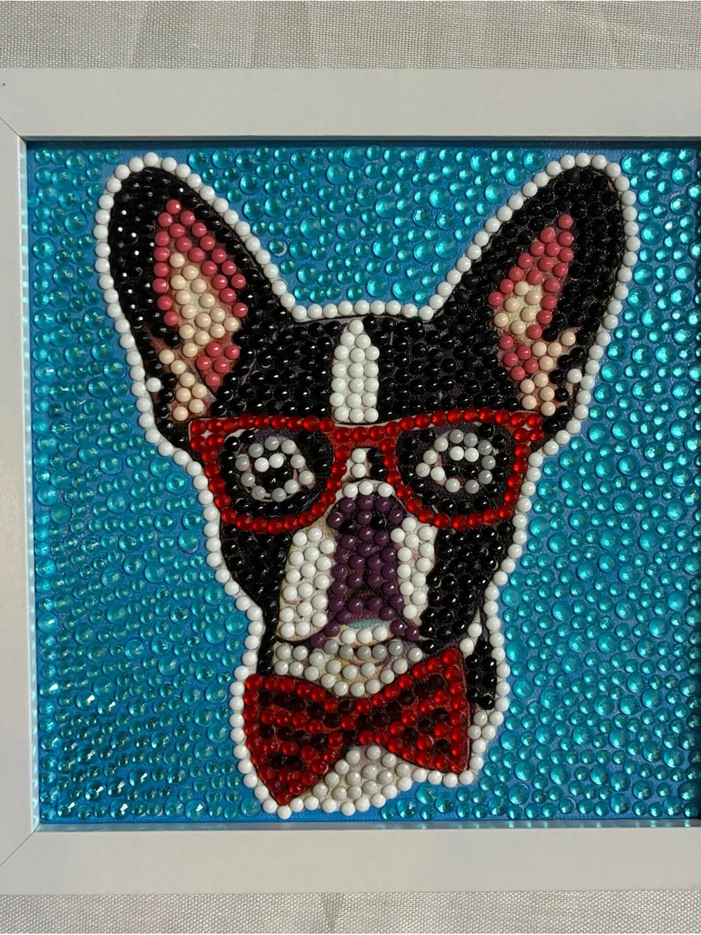 Handmade Diamond Art Painting Boston Terrier with Red Glasses in White Frame